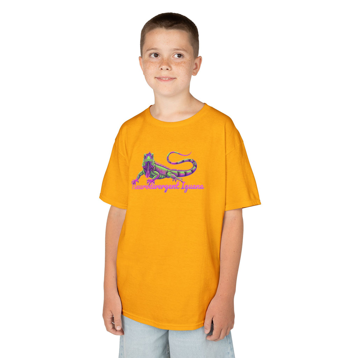 Kids Tee — Neon Green & Purple Iguana Graphic “Fluorescent Iguana”