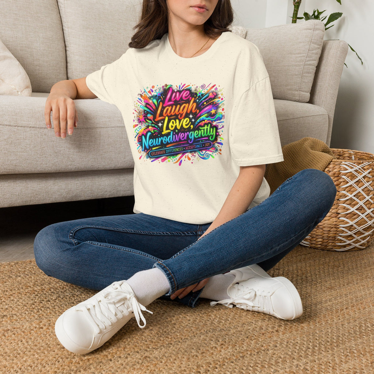T-Shirt — "Live Laugh Love, Neurodivergently" Rainbow Splatter