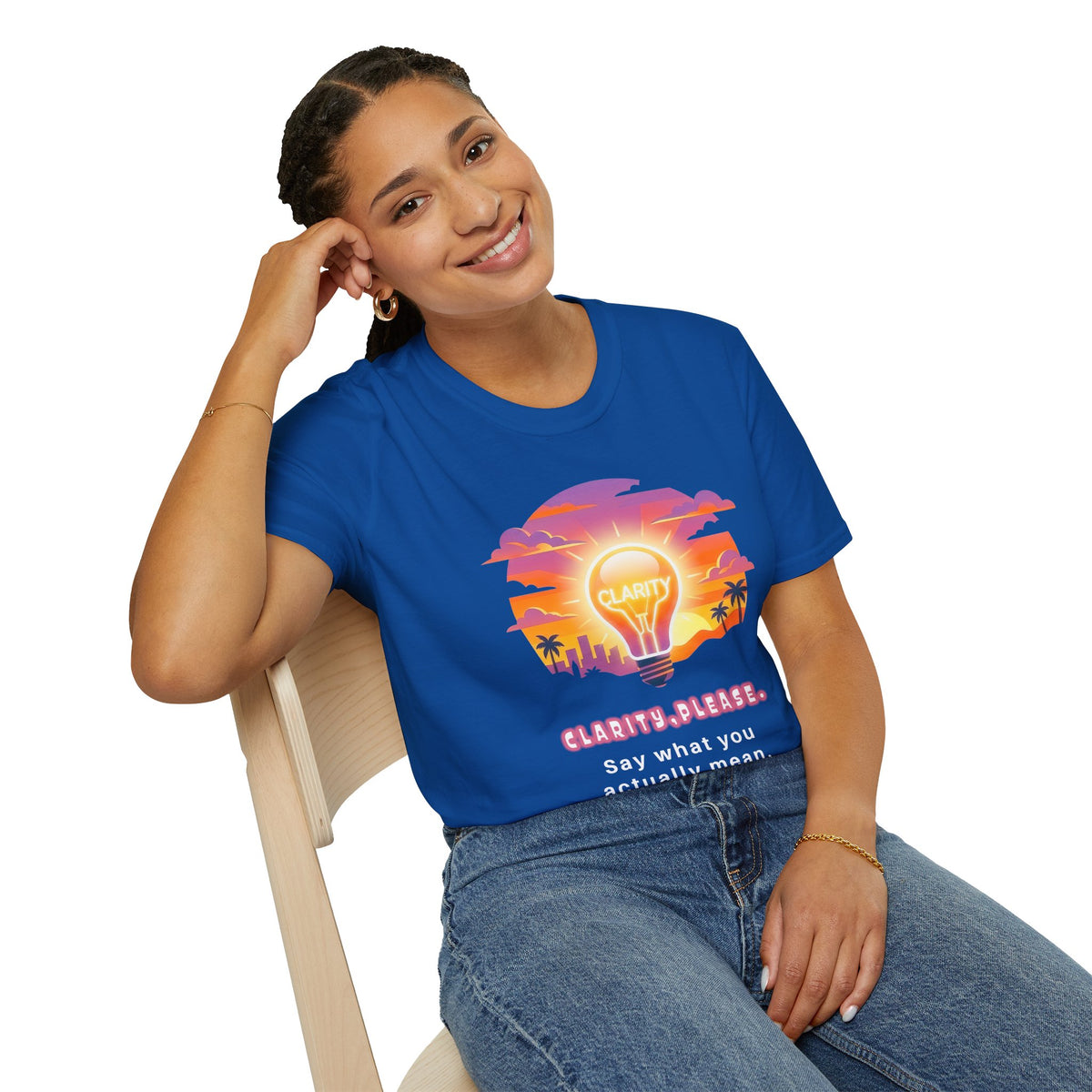 Clarity Please T-Shirt — Retro Sunset Lightbulb "Say What You Actually Mean" Graphic Tee