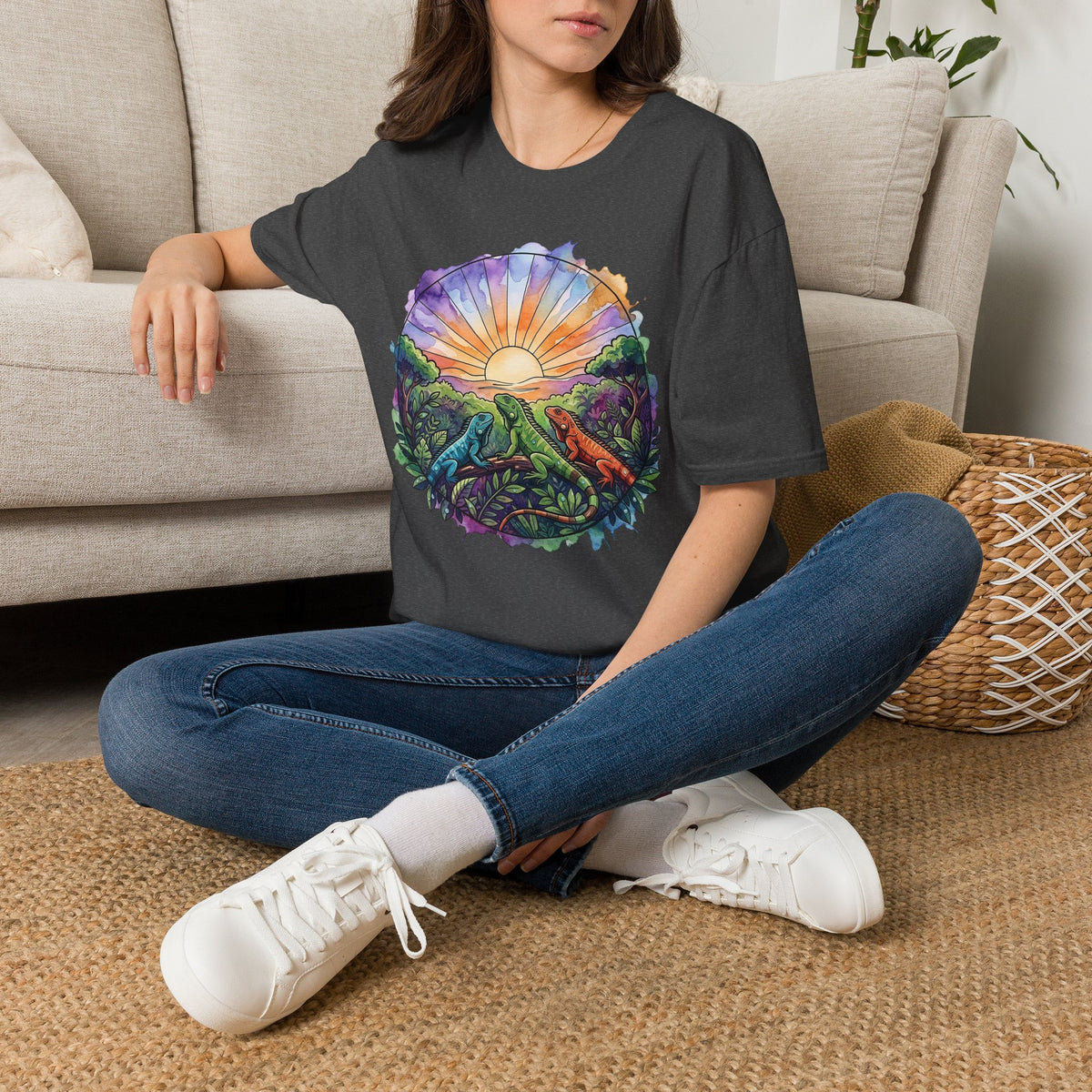 Sunrise Iguanas T-Shirt — Colorful Mountain Sunrise with Forest Trail