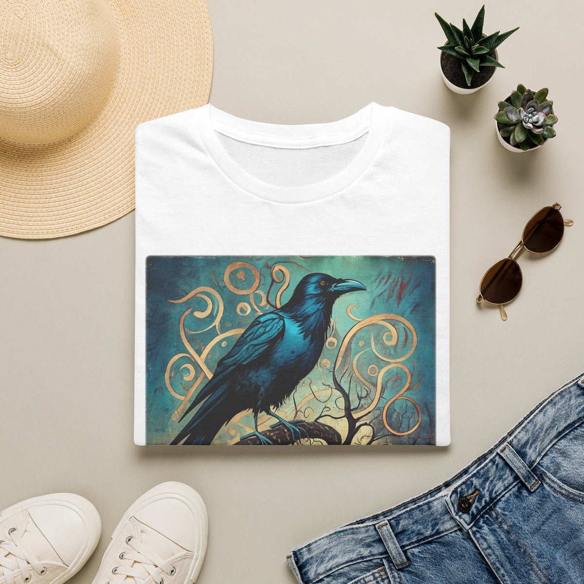 Raven Art T‑Shirt — Mystical Blue Crow Illustration Tee