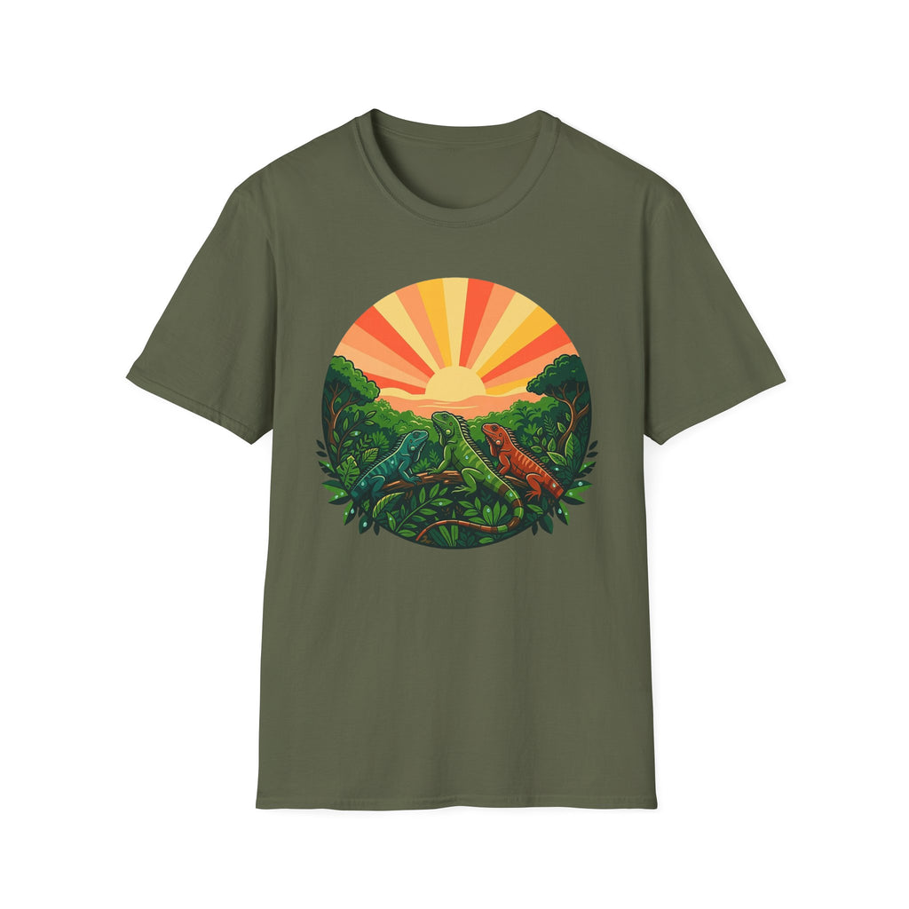 Sunrise Jungle T-Shirt — Tropical Iguana Sunset Graphic Tee