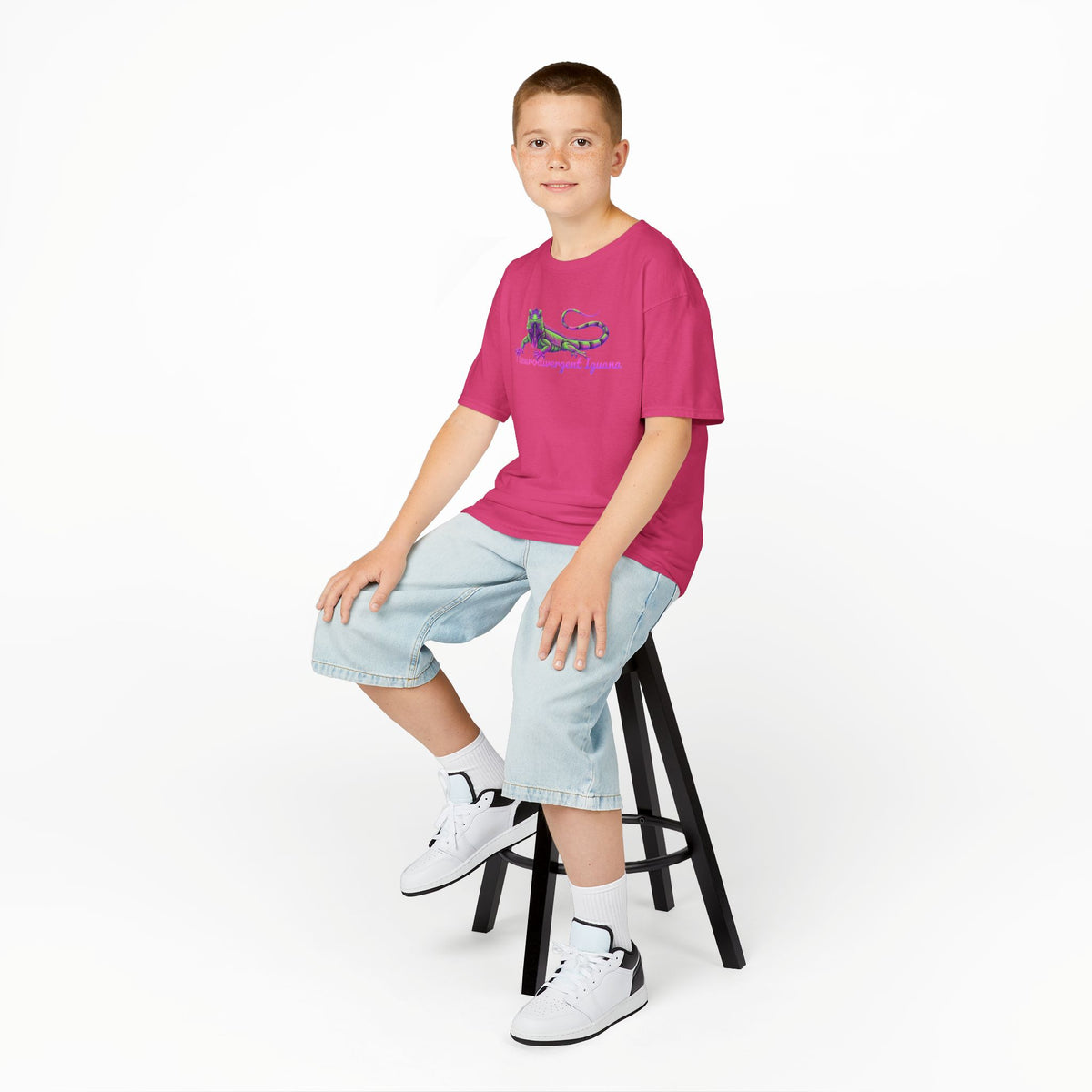 Kids Tee — Neon Green & Purple Iguana Graphic “Fluorescent Iguana”