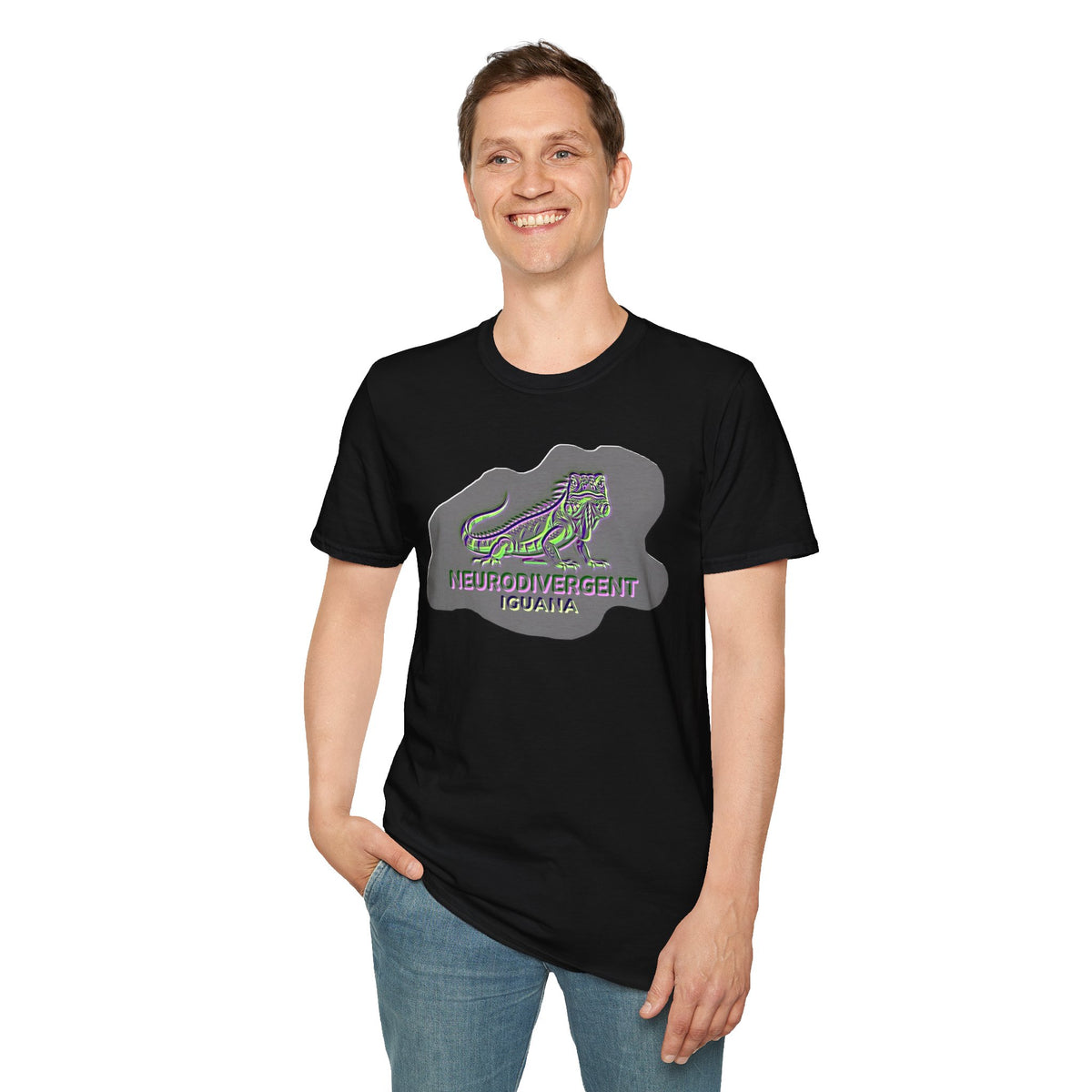 Neurodivergent Iguana Graphic T‑Shirt — Pride-Lit Earthtone Design