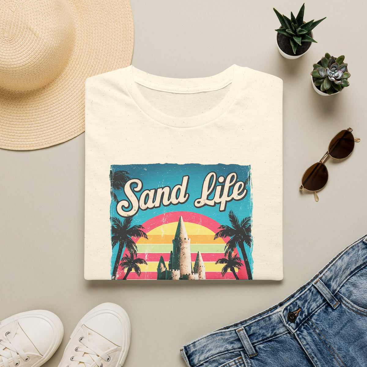 Sand Life Vintage Beach T-Shirt — Retro Sunset Sandcastle Graphic