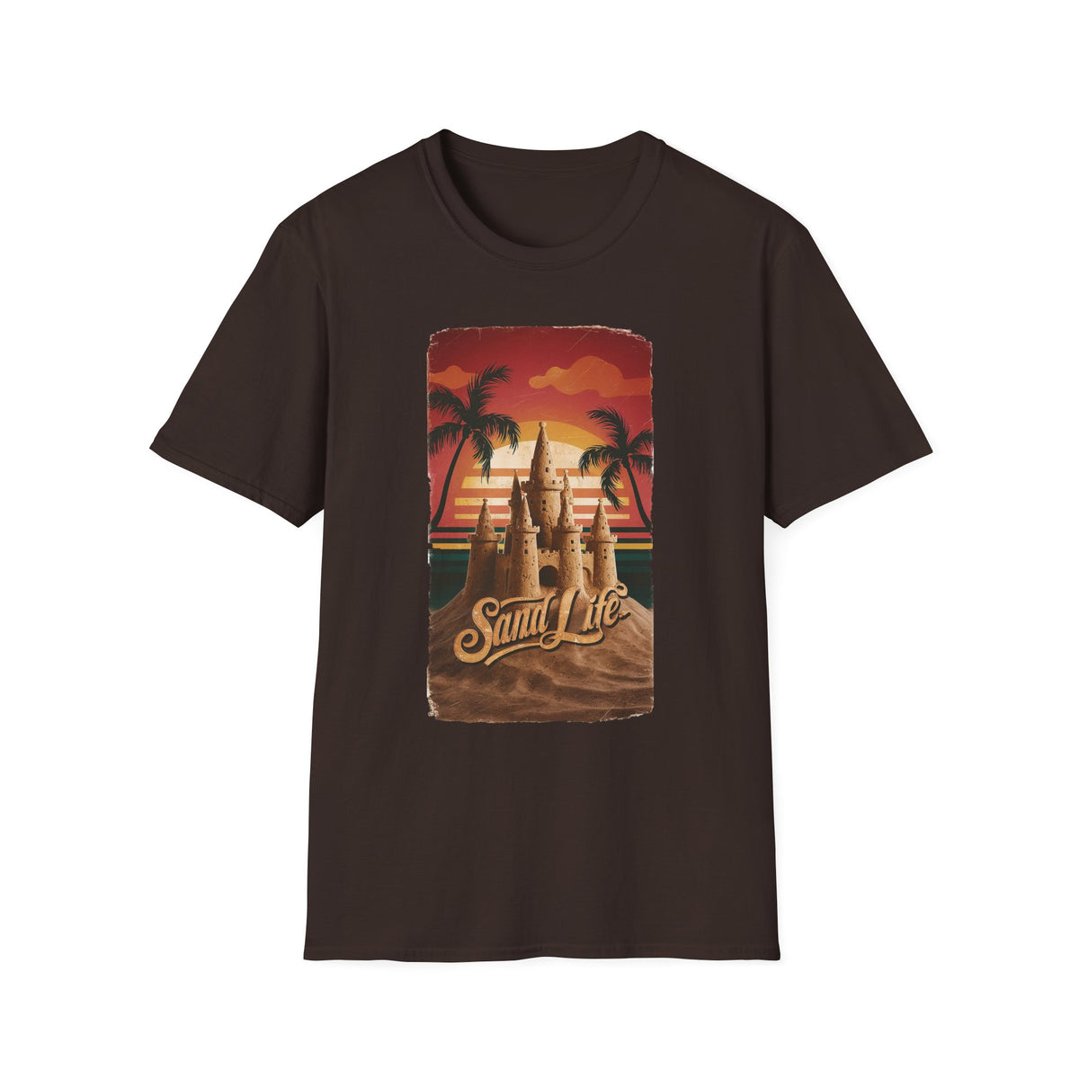 Sand Life T-Shirt — Retro Sunset Palm Beach Sandcastle Tee