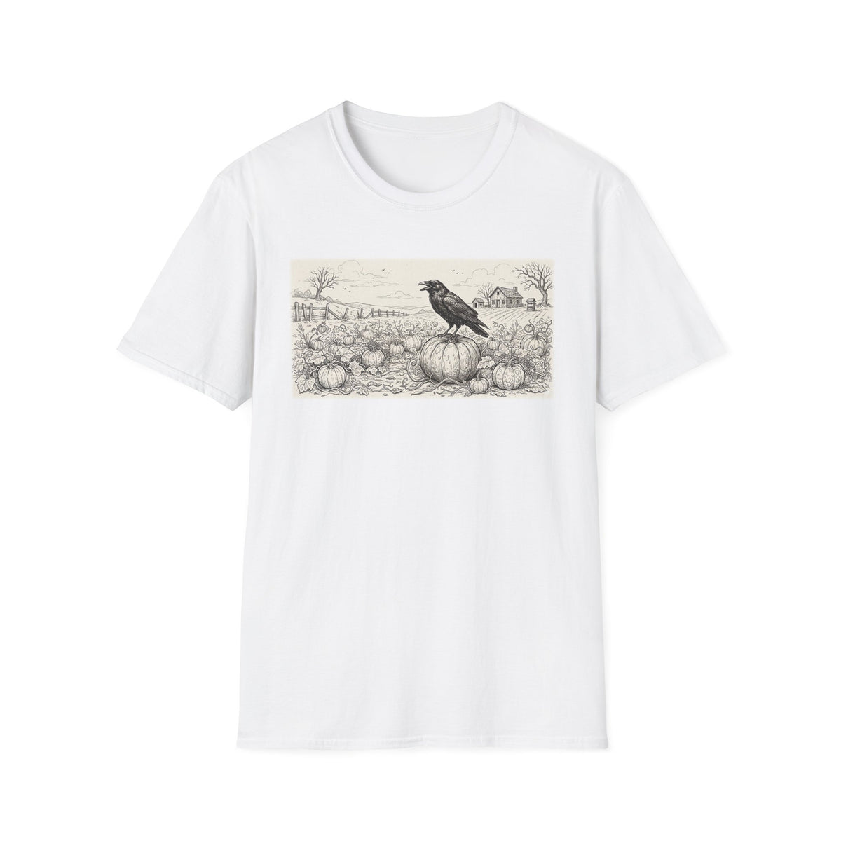 Crow on Pumpkin Field T-Shirt — Vintage Harvest Halloween Tee