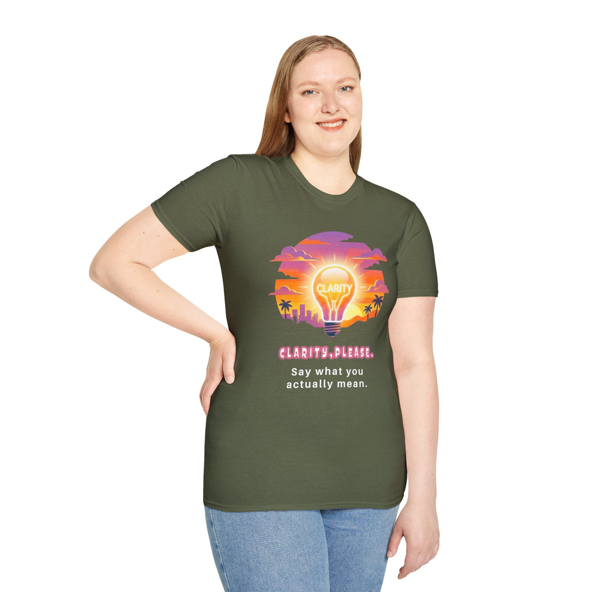 Clarity Please T-Shirt — Retro Sunset Lightbulb "Say What You Actually Mean" Graphic Tee