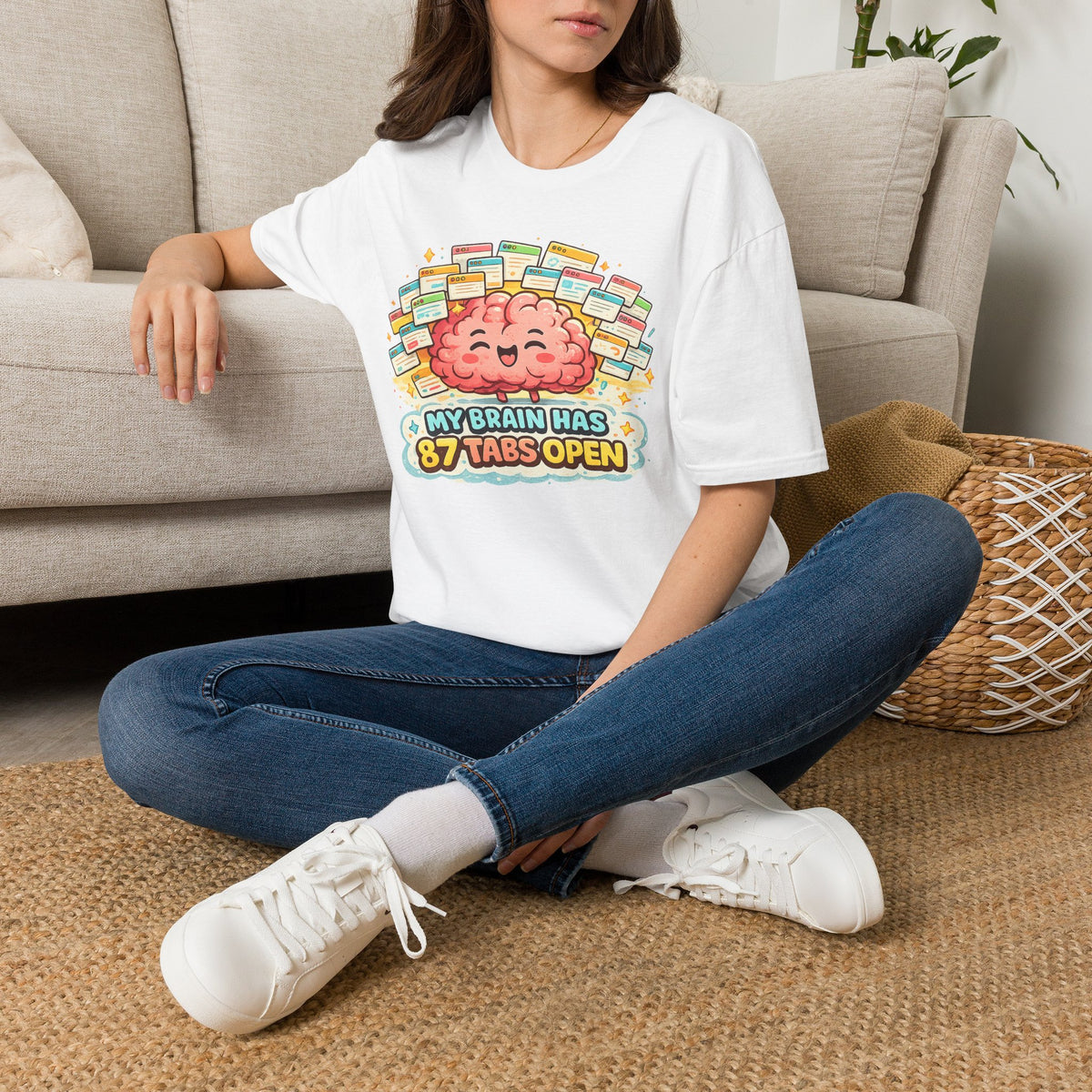 My Brain Has 87 Tabs Open T-Shirt — Cute Cartoon Brain Mental Load Graphic Tee