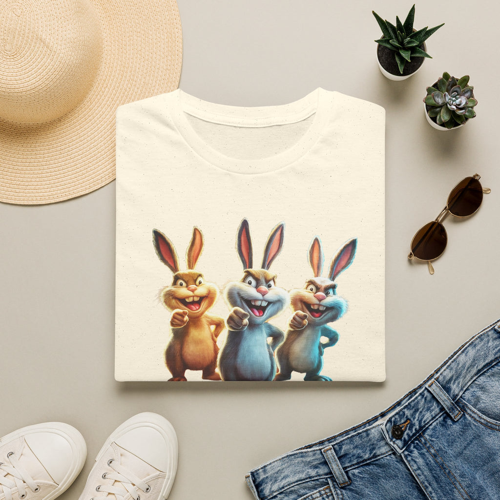 Funny Cartoon Bunnies T-Shirt — Three Playful Rabbits Graphic Tee
