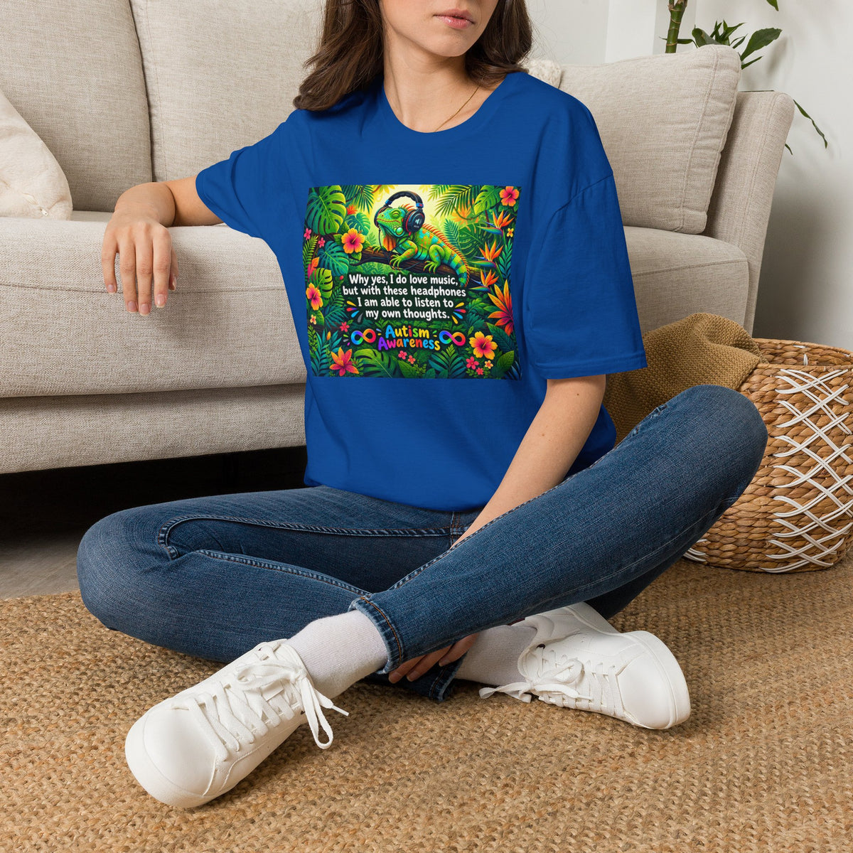 Autism Awareness T-Shirt — 'I Love Music, I Hear Headphones' Floral Design