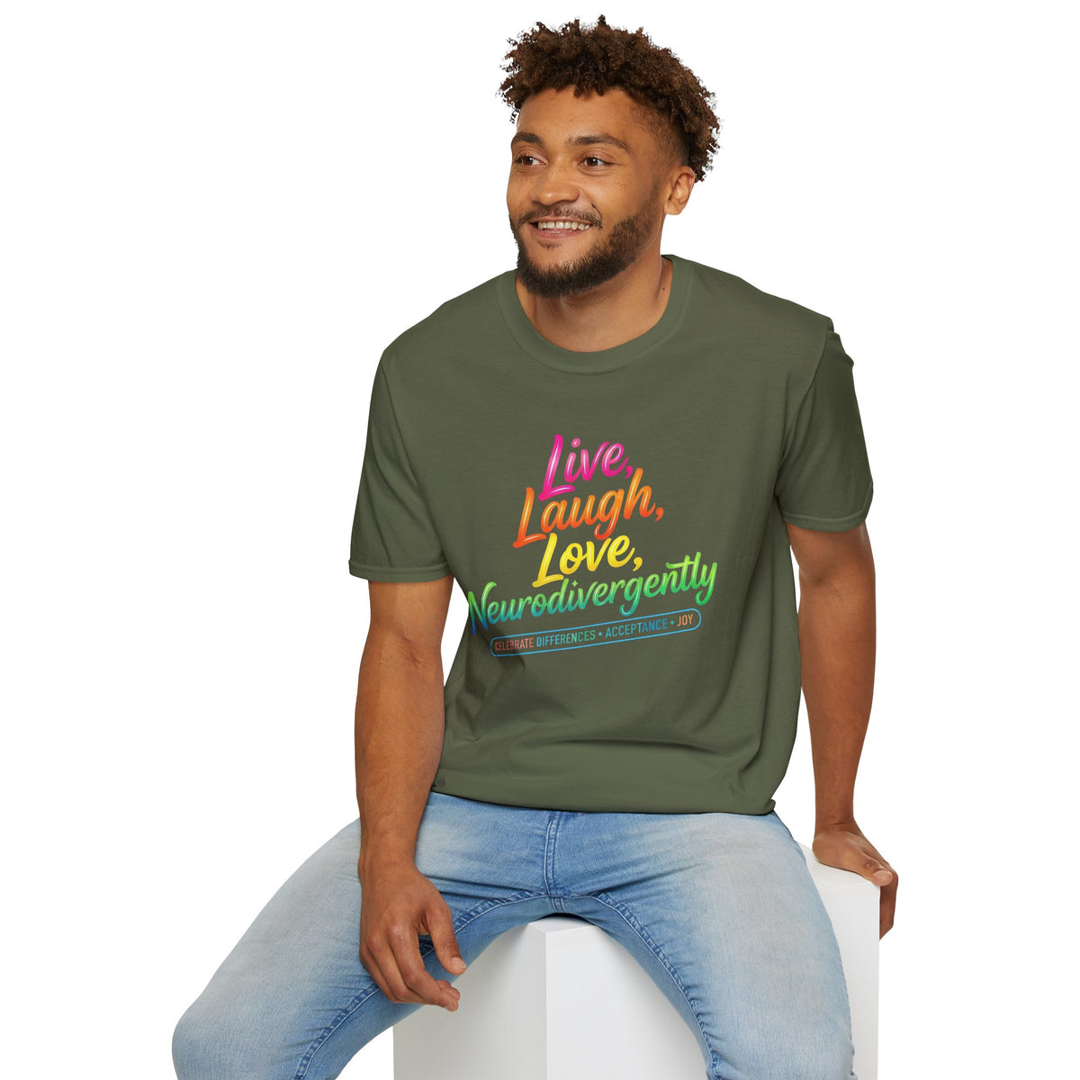 Neurodivergent Pride T-Shirt — “Live, Laugh, Love, Neurodivergently” Rainbow Tee