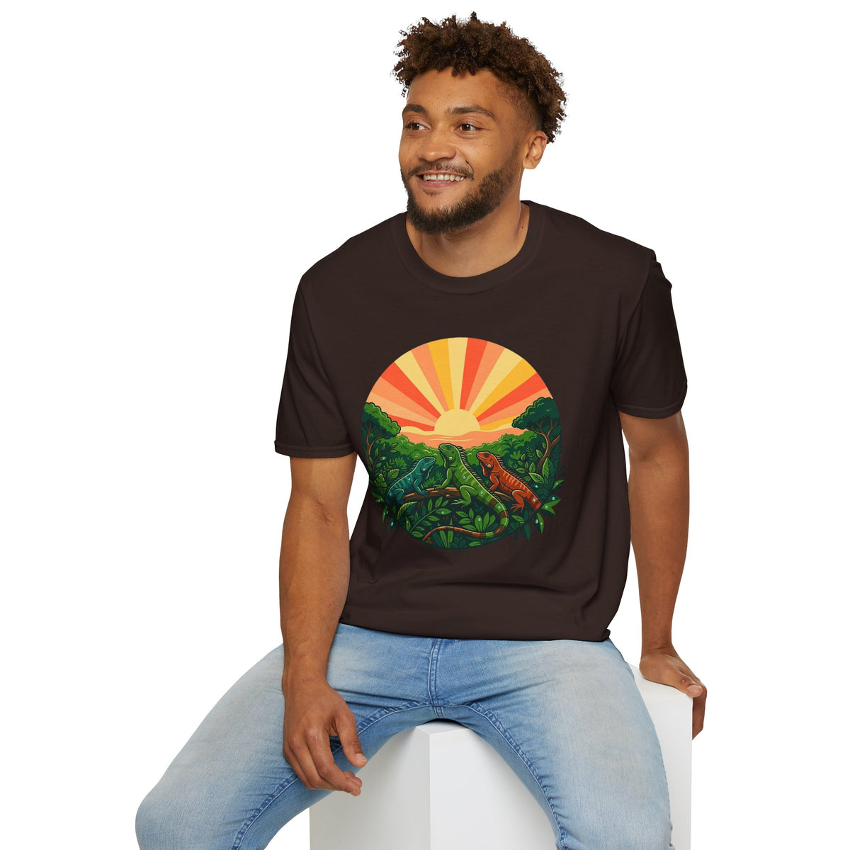 Sunrise Jungle T-Shirt — Tropical Iguana Sunset Graphic Tee