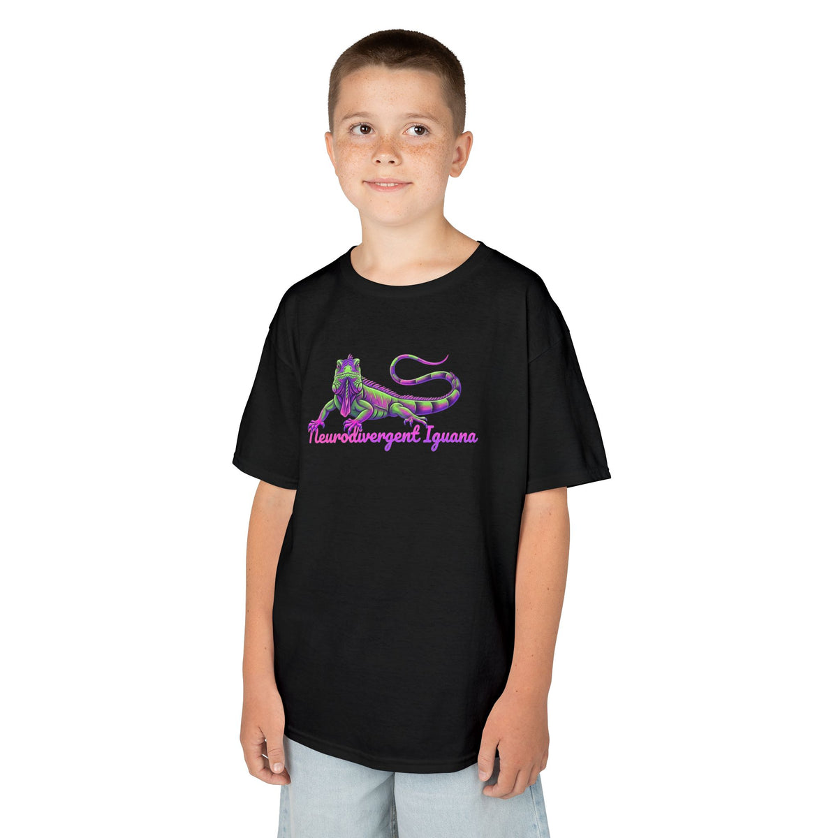 Kids Tee — Neon Green & Purple Iguana Graphic “Fluorescent Iguana”