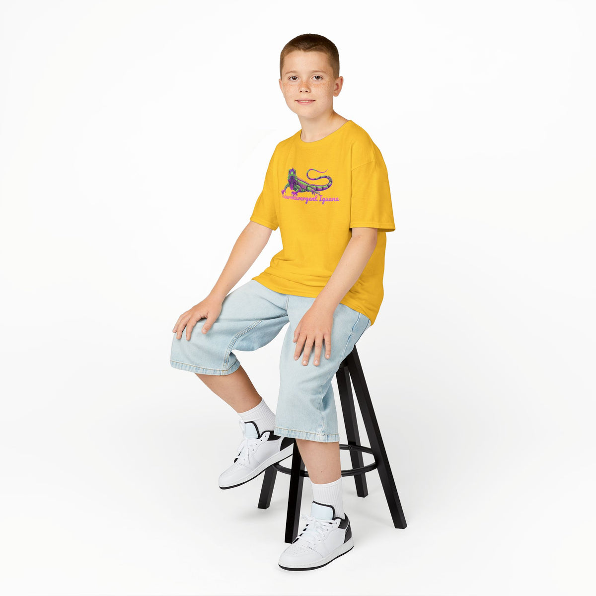 Kids Tee — Neon Green & Purple Iguana Graphic “Fluorescent Iguana”
