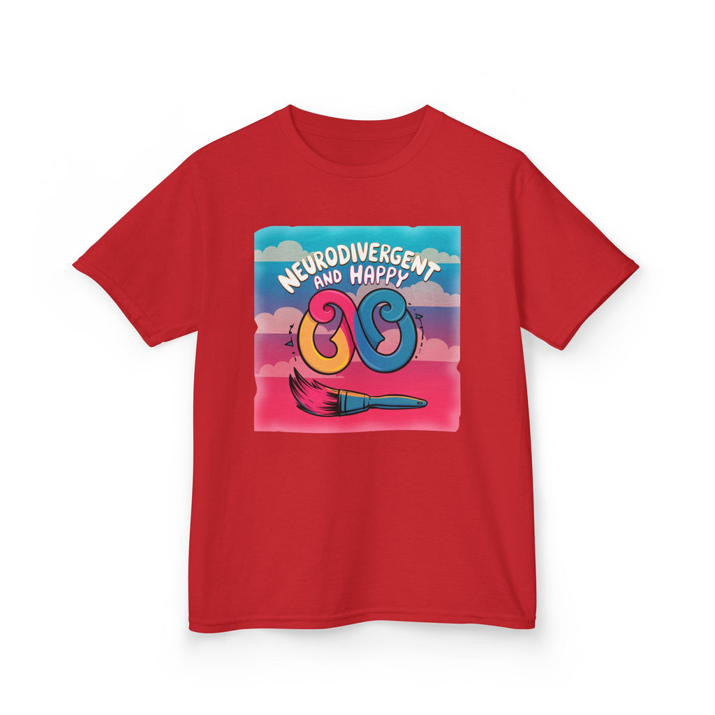 Kids Tee — "Neurodivergent and Happy" Colorful Art Brush Design