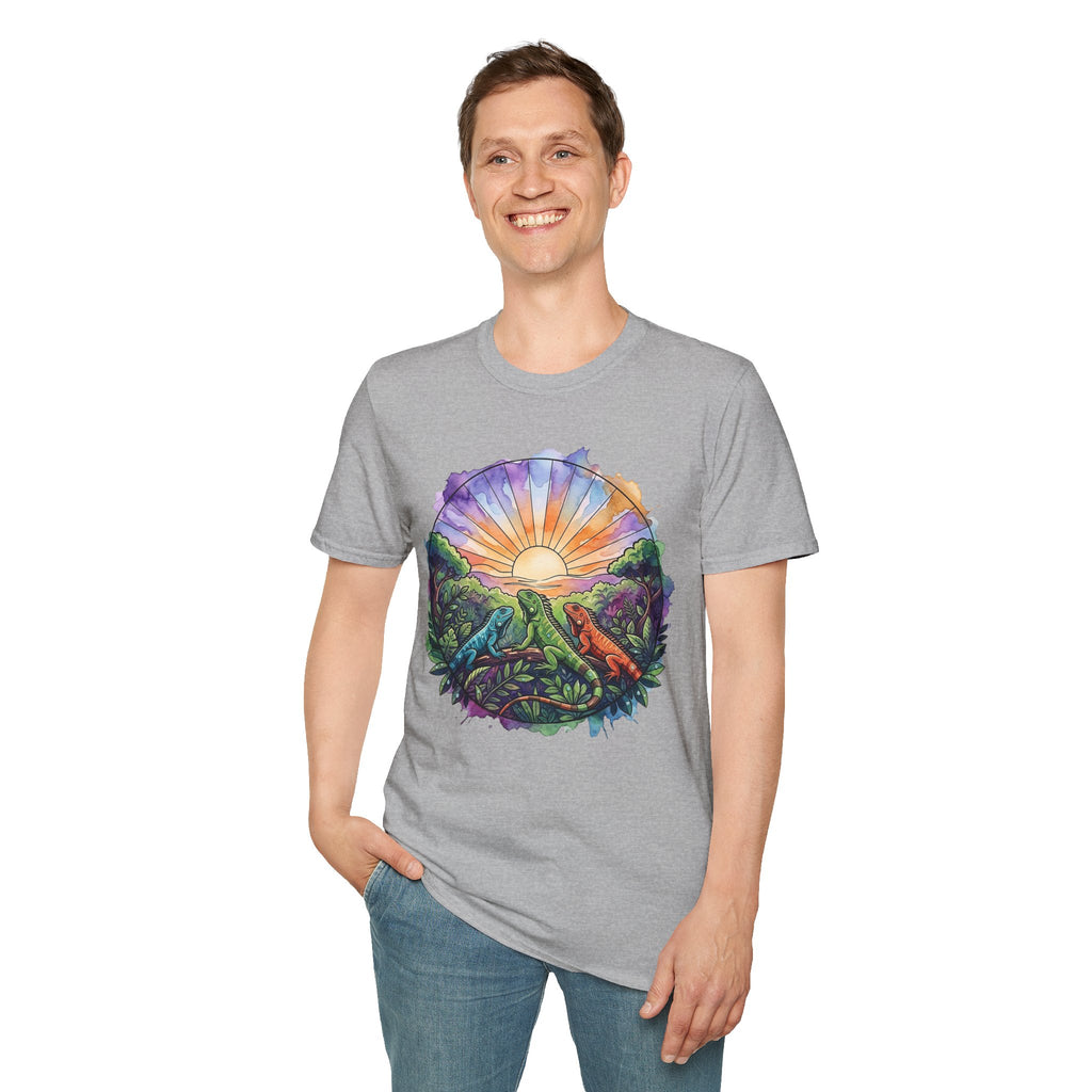 Sunrise Iguanas T-Shirt — Colorful Mountain Sunrise with Forest Trail