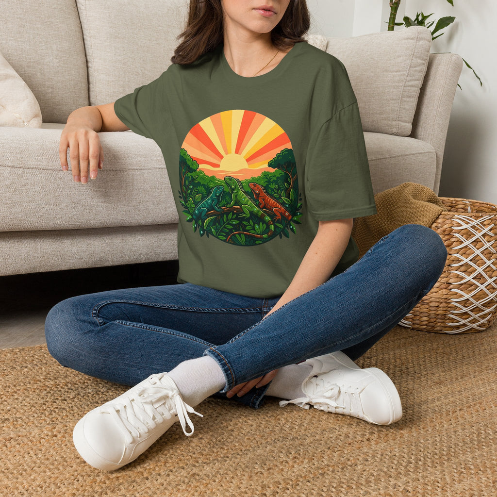 Sunrise Jungle T-Shirt — Tropical Iguana Sunset Graphic Tee