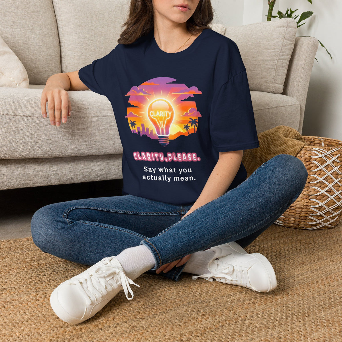 Clarity Please T-Shirt — Retro Sunset Lightbulb "Say What You Actually Mean" Graphic Tee