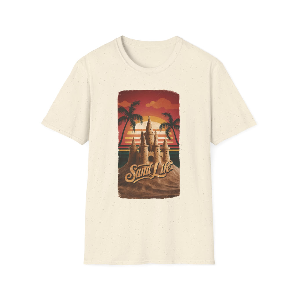 Sand Life T-Shirt — Retro Sunset Palm Beach Sandcastle Tee