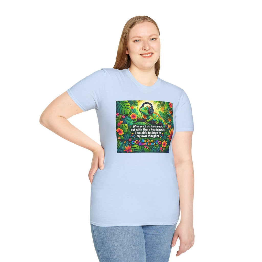 Autism Awareness T-Shirt — 'I Love Music, I Hear Headphones' Floral Design