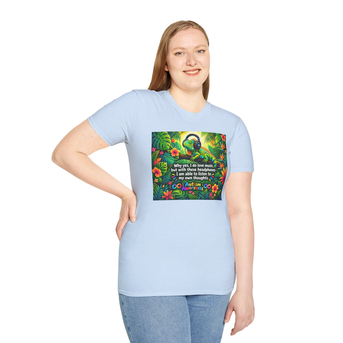 Autism Awareness T-Shirt — 'I Love Music, I Hear Headphones' Floral Design