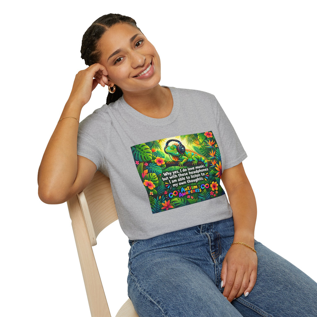 Autism Awareness T-Shirt — 'I Love Music, I Hear Headphones' Floral Design