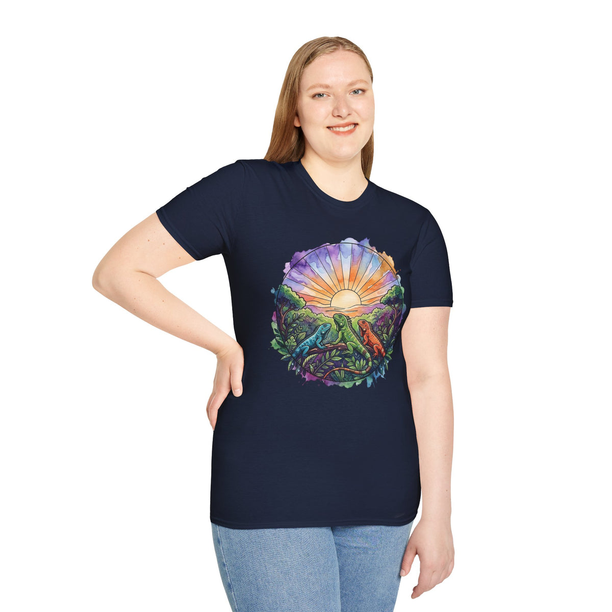 Sunrise Iguanas T-Shirt — Colorful Mountain Sunrise with Forest Trail