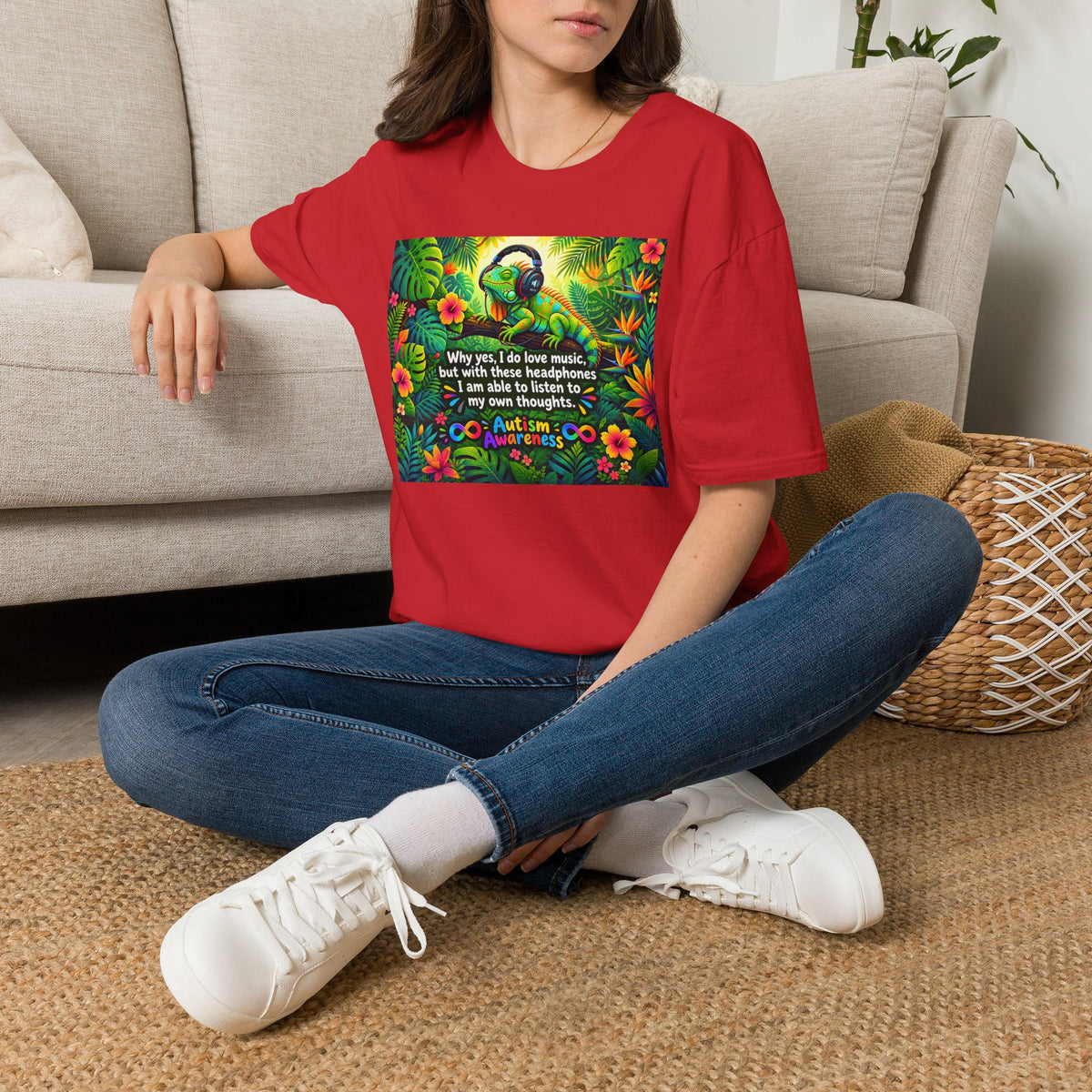 Autism Awareness T-Shirt — 'I Love Music, I Hear Headphones' Floral Design