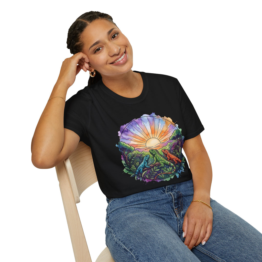 Sunrise Iguanas T-Shirt — Colorful Mountain Sunrise with Forest Trail