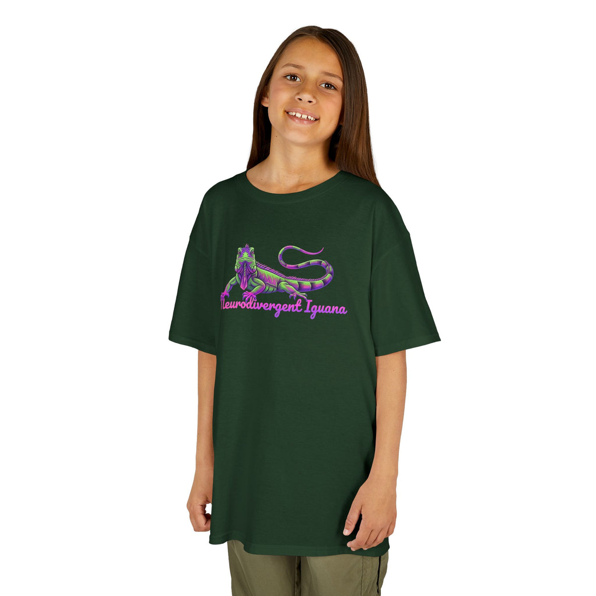 Kids Tee — Neon Green & Purple Iguana Graphic “Fluorescent Iguana”