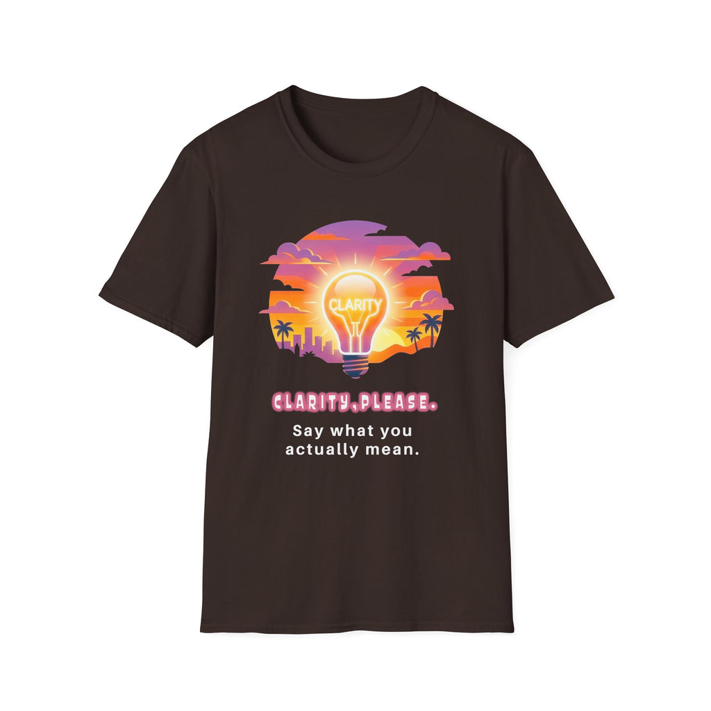 Clarity Please T-Shirt — Retro Sunset Lightbulb "Say What You Actually Mean" Graphic Tee
