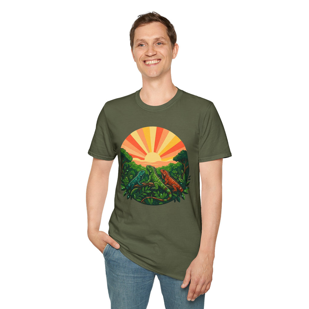 Sunrise Jungle T-Shirt — Tropical Iguana Sunset Graphic Tee