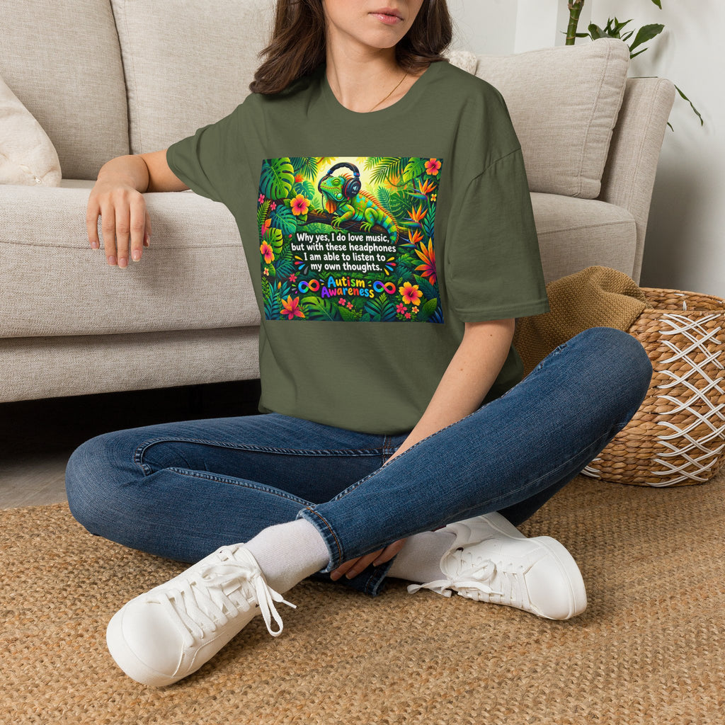 Autism Awareness T-Shirt — 'I Love Music, I Hear Headphones' Floral Design