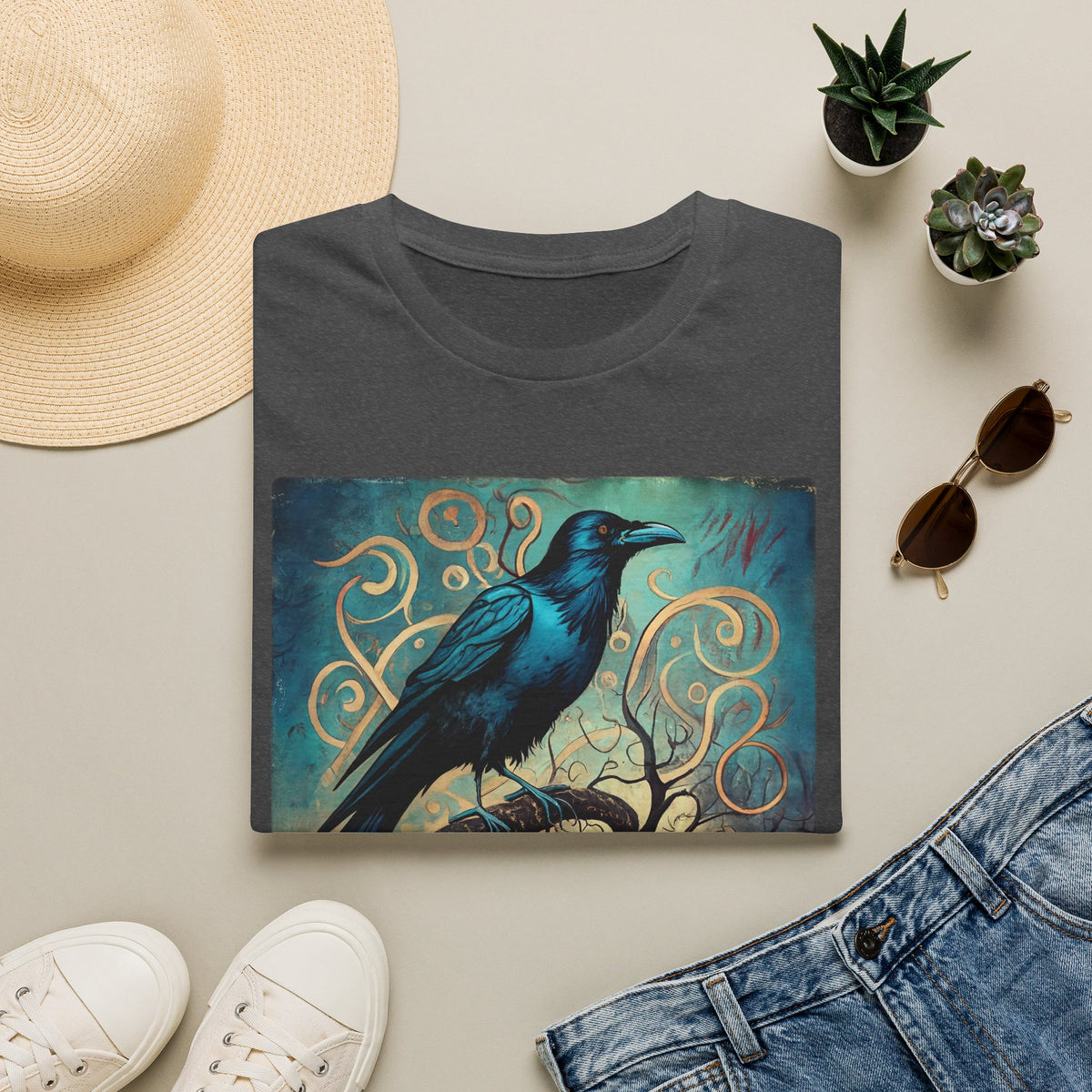 Raven Art T‑Shirt — Mystical Blue Crow Illustration Tee