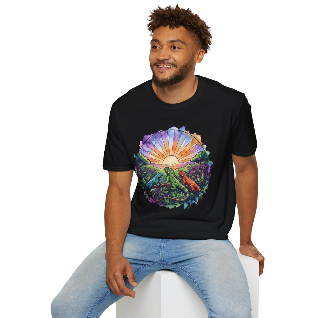Sunrise Iguanas T-Shirt — Colorful Mountain Sunrise with Forest Trail
