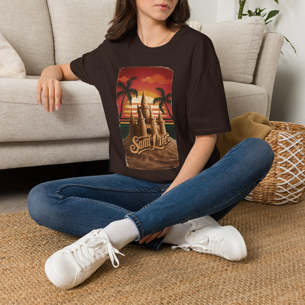 Sand Life T-Shirt — Retro Sunset Palm Beach Sandcastle Tee