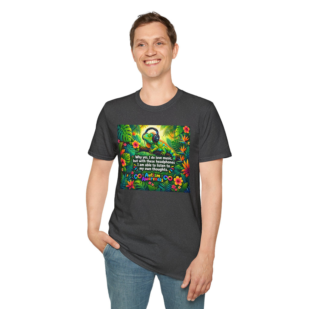 Autism Awareness T-Shirt — 'I Love Music, I Hear Headphones' Floral Design