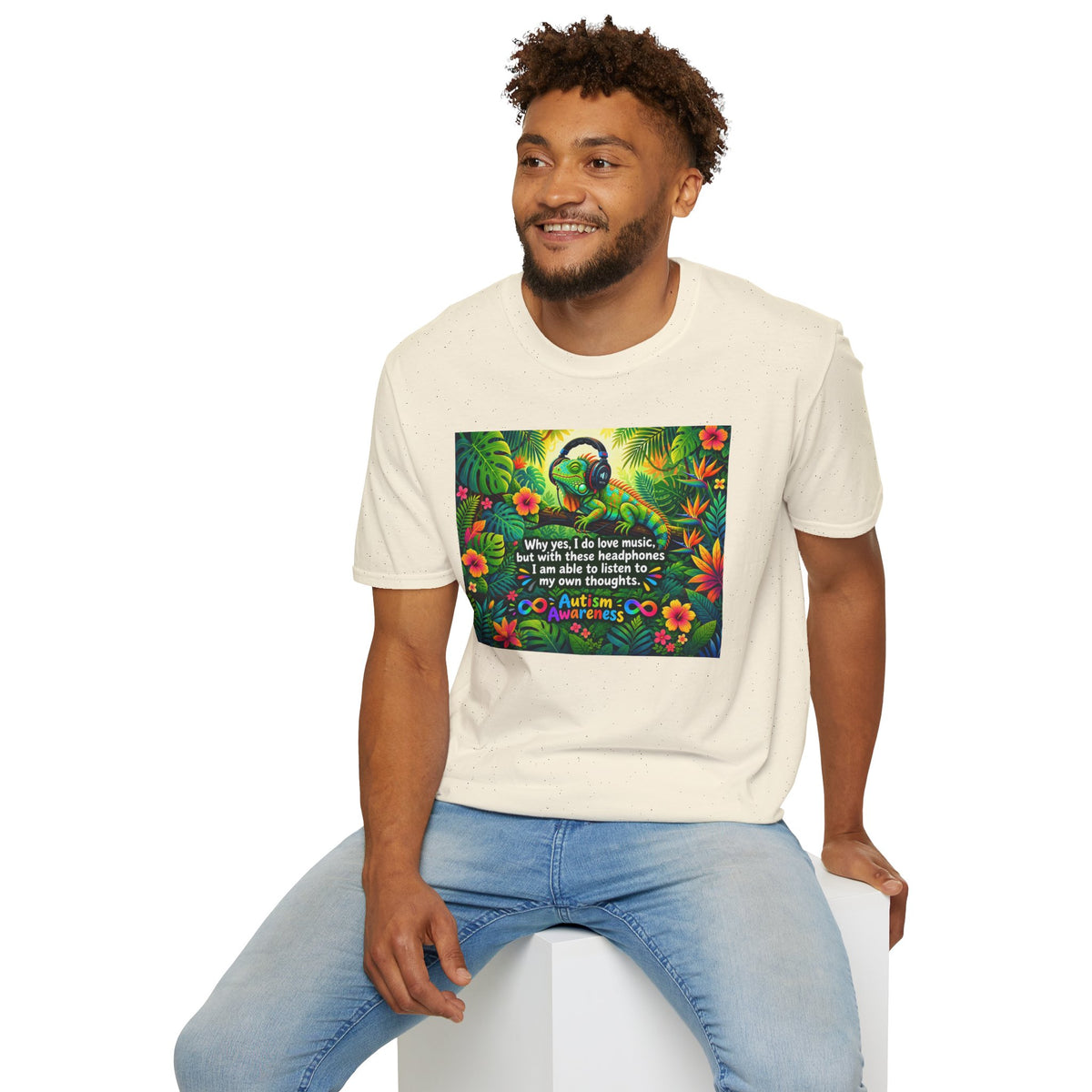 Autism Awareness T-Shirt — 'I Love Music, I Hear Headphones' Floral Design