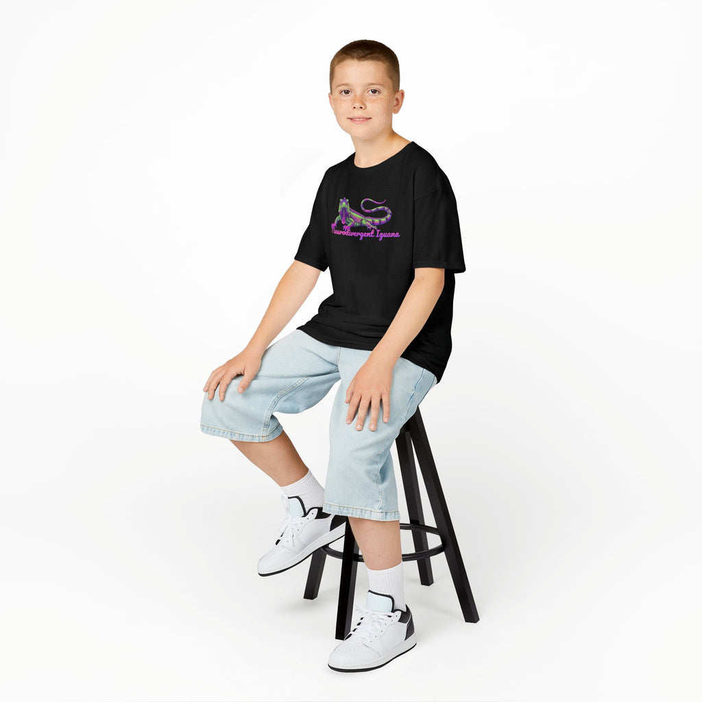 Kids Tee — Neon Green & Purple Iguana Graphic “Fluorescent Iguana”