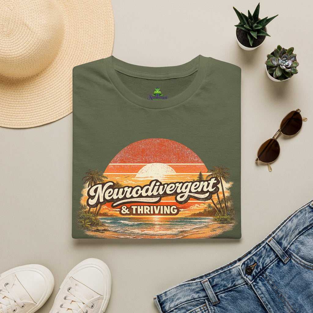 Neurodivergent & Thriving Tee — Retro Sunset Palm Graphic T-Shirt