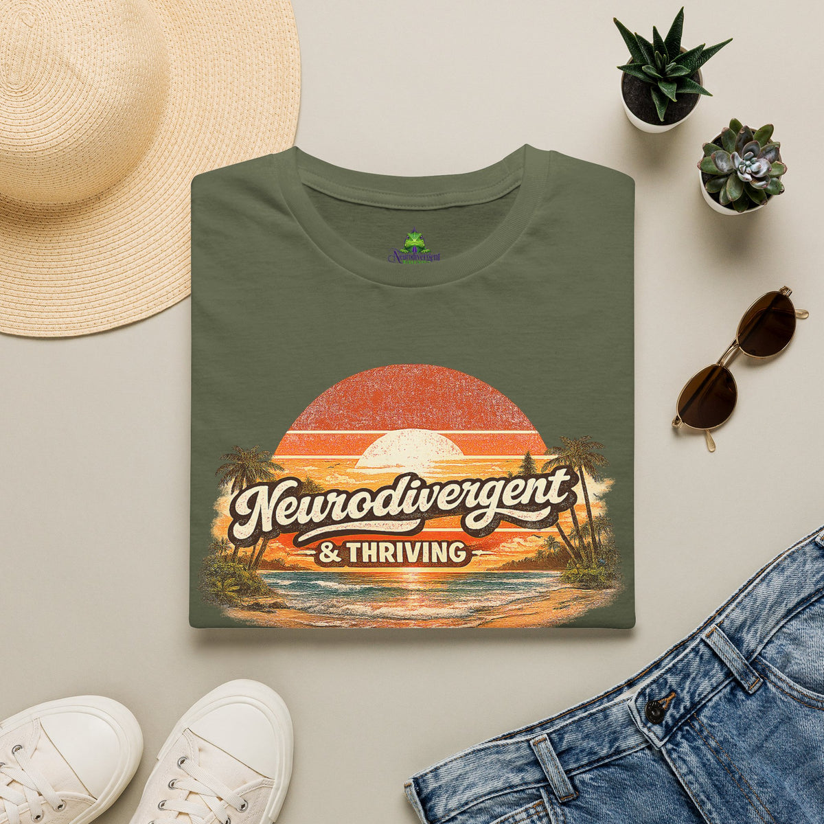 Neurodivergent & Thriving Tee — Retro Sunset Palm Graphic T-Shirt