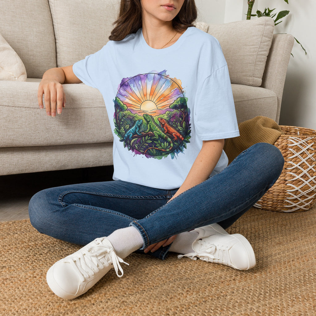 Sunrise Iguanas T-Shirt — Colorful Mountain Sunrise with Forest Trail