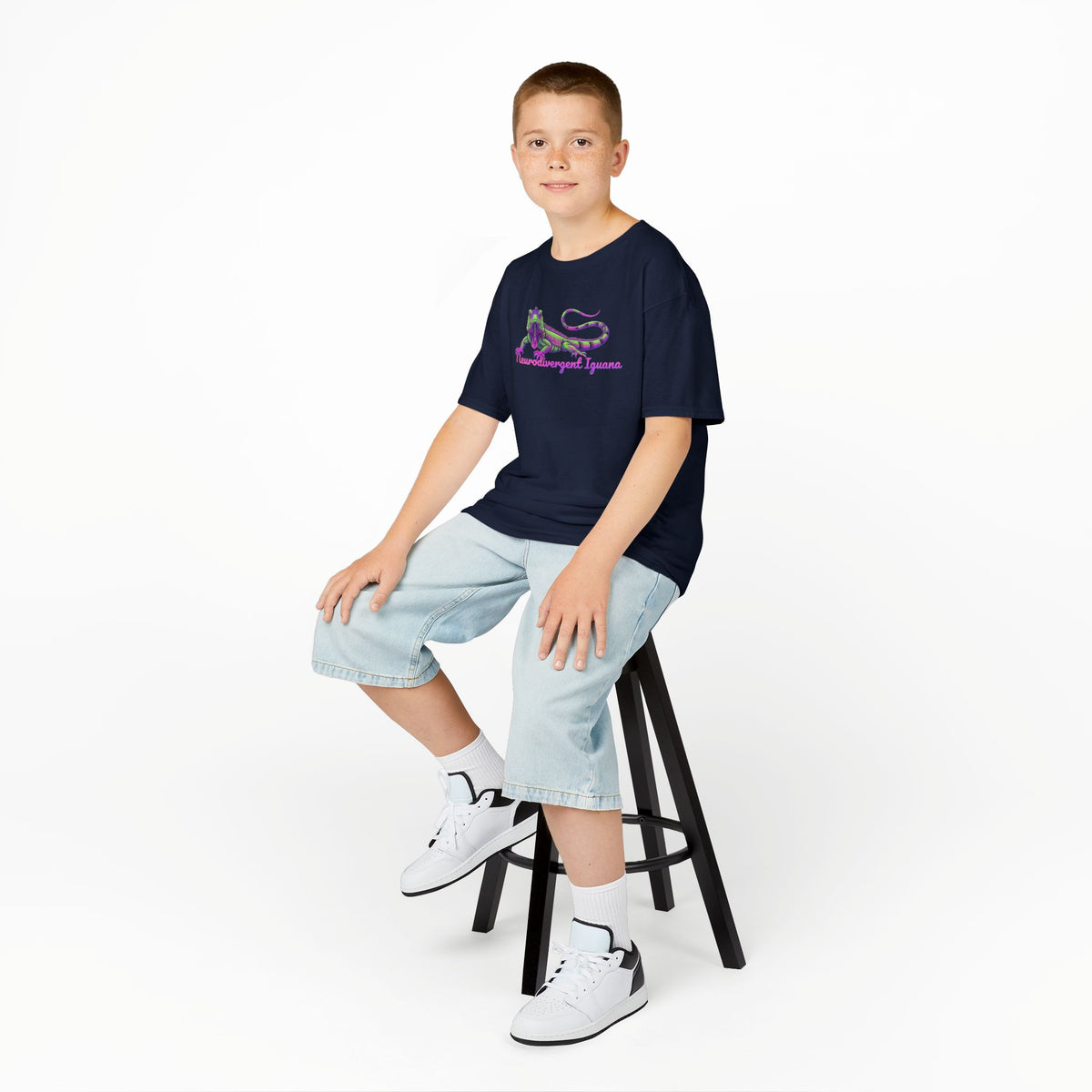 Kids Tee — Neon Green & Purple Iguana Graphic “Fluorescent Iguana”