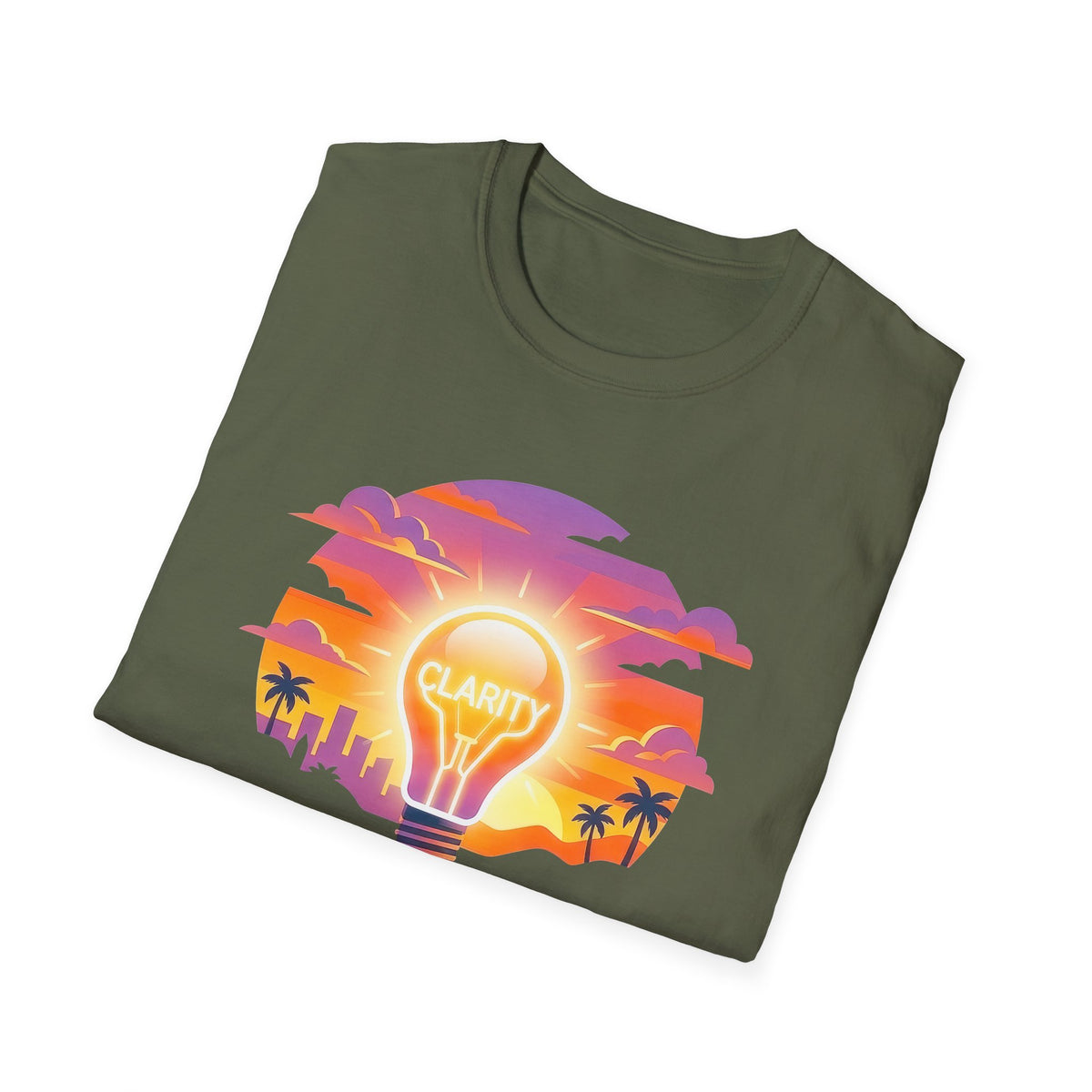 Clarity Please T-Shirt — Retro Sunset Lightbulb "Say What You Actually Mean" Graphic Tee
