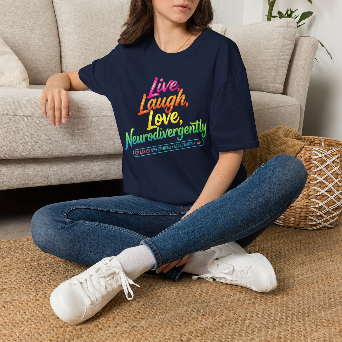 Neurodivergent Pride T-Shirt — “Live, Laugh, Love, Neurodivergently” Rainbow Tee