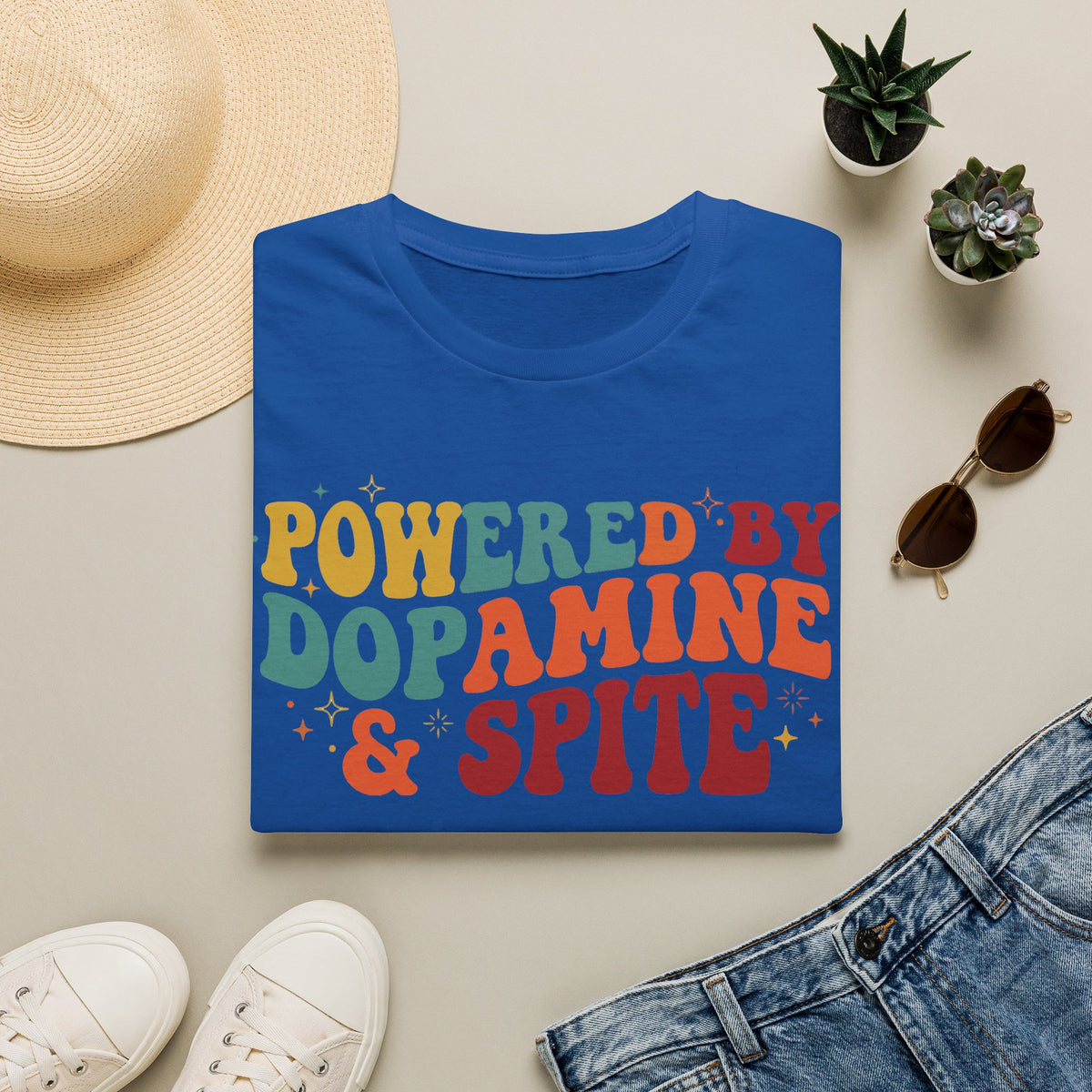 Graphic Tee — "Powered by Dopamine & Spite" Retro Colorful Quote Shirt