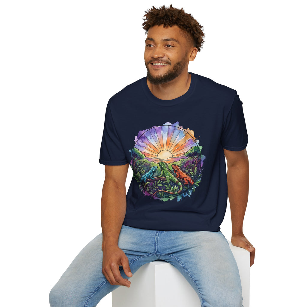 Sunrise Iguanas T-Shirt — Colorful Mountain Sunrise with Forest Trail
