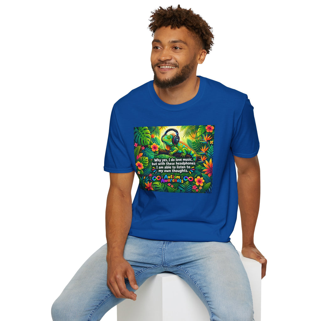 Autism Awareness T-Shirt — 'I Love Music, I Hear Headphones' Floral Design