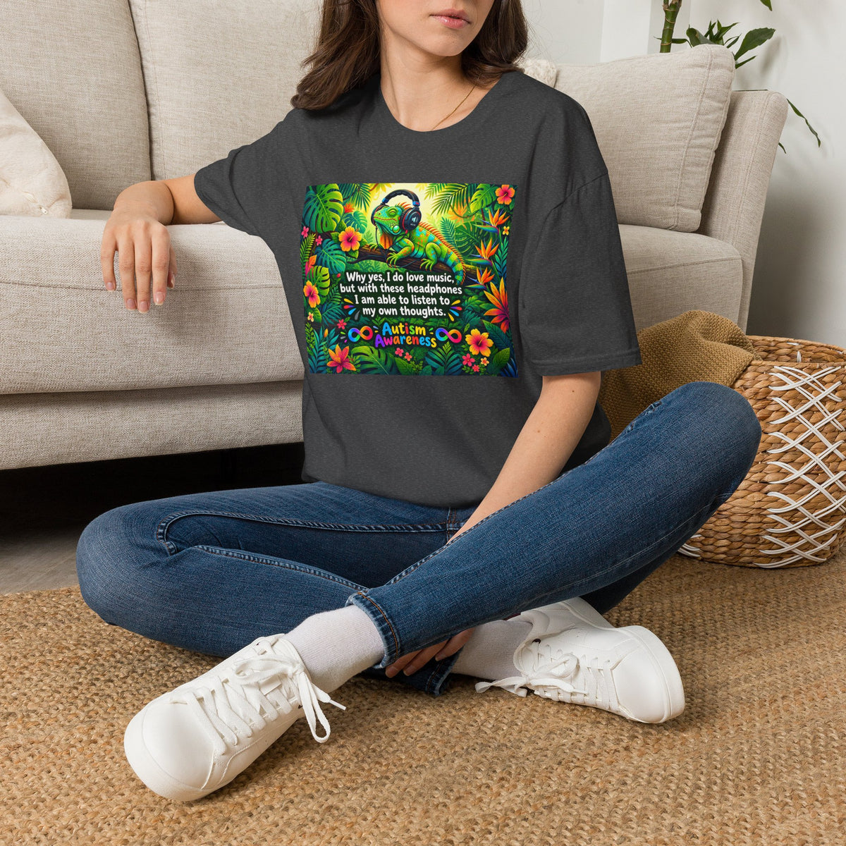 Autism Awareness T-Shirt — 'I Love Music, I Hear Headphones' Floral Design